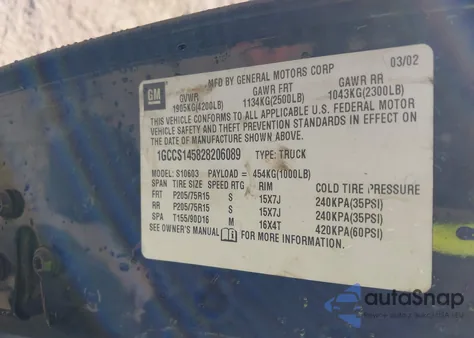 2002 Chevrolet S Truck Ls z USA, uszkodzony, nr VIN 1GCCS145828206089